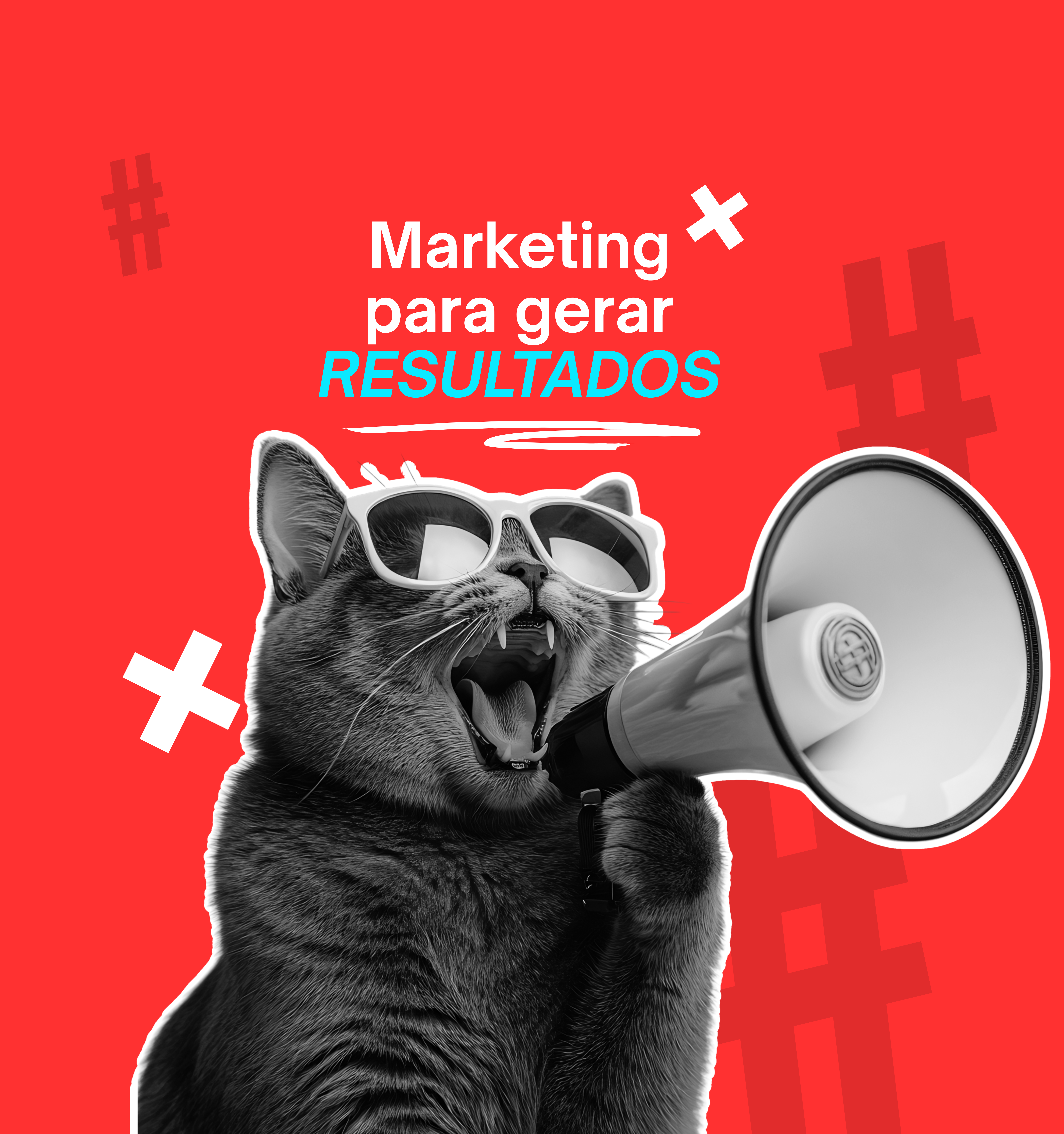 Gato com óculos e megafone sob a mensagem Marketing para gerar resultados